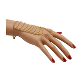 Women Gold Metal Hand Chain Bracelet Multi Wave Connected Ring
